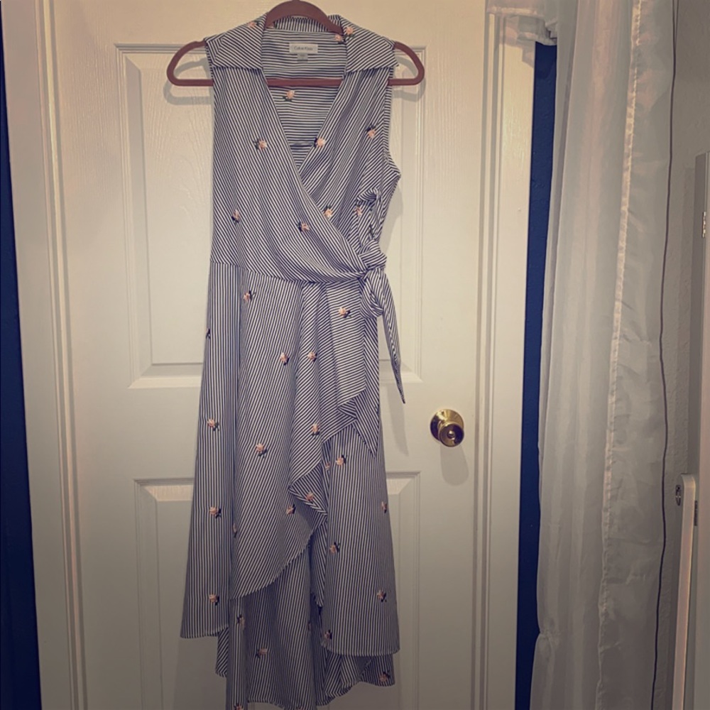 US 8 Floral Striped Calvin Klein Wrap Dress NWOT